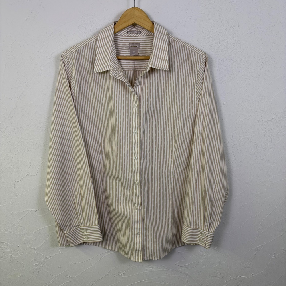 Chicos Button Down Coolmax Shirt Women 3.5 XXL Tan White Striped Career